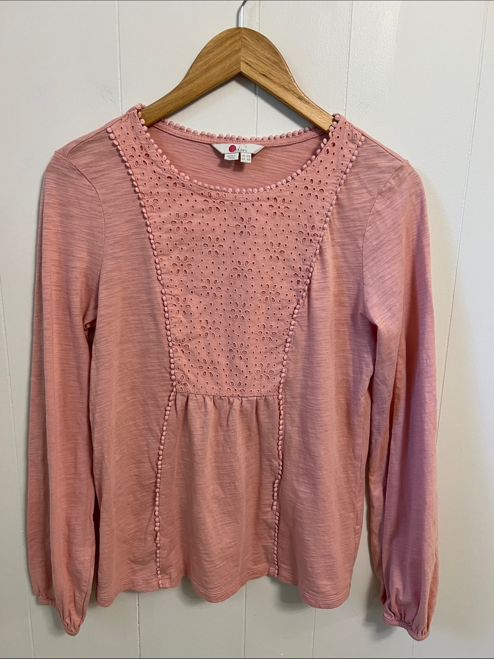 Boden Cleo Broderie Slub Jersey Top Pink Eyelet Cotton Lace Long Sleeve US 6R - Picture 3 of 14